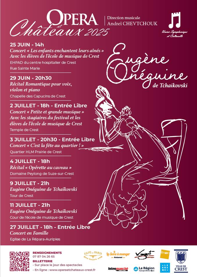 Affiche. Crest. Festival Opéra et Châteaux 2025. Eugène Onéguine de Tchaikovski. Direction musicale Andreï Chevtchouk. 2025-06-25